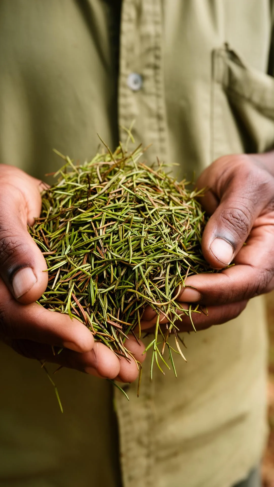 Farmer hands holding fresh green rooibos