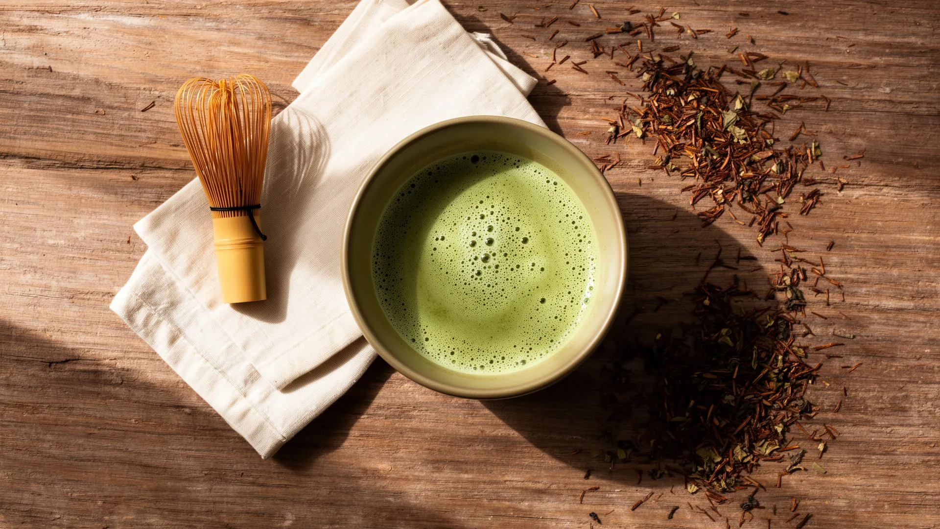 Hands cradling a warm cup of green rooibos latte
